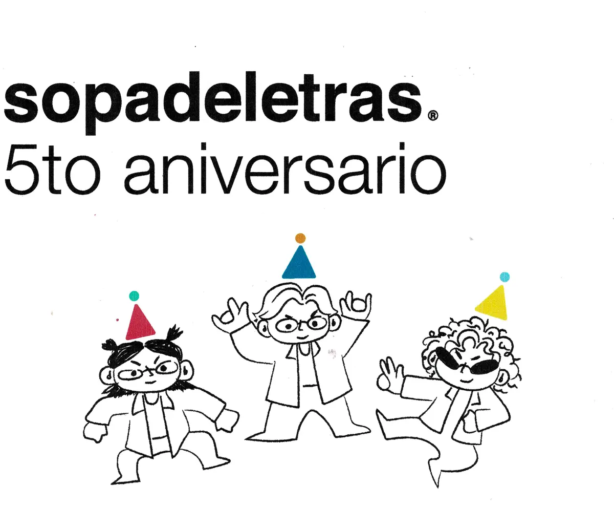 la invitación: sopadeletras® 5to aniversario, con tres monitos de gorro de fiesta