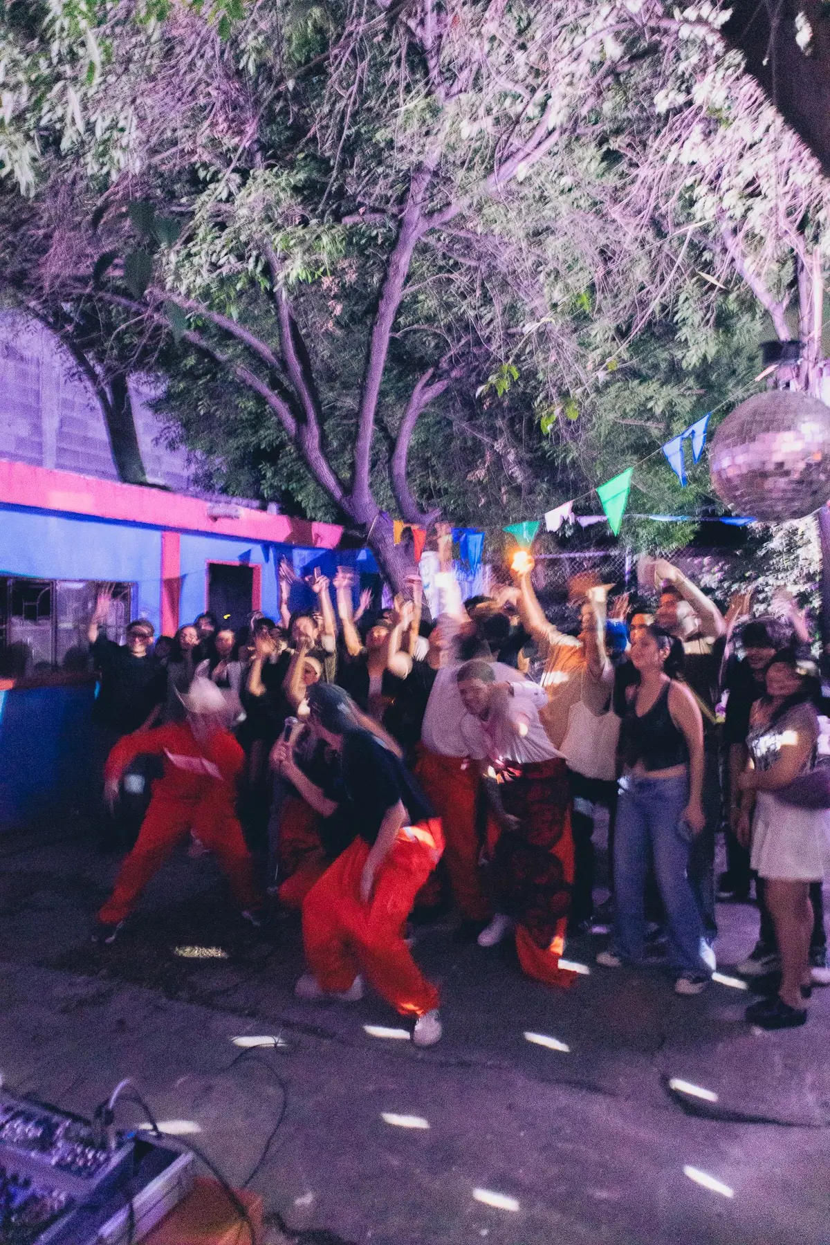 el patio bailando bajo el árbol y la bola disco