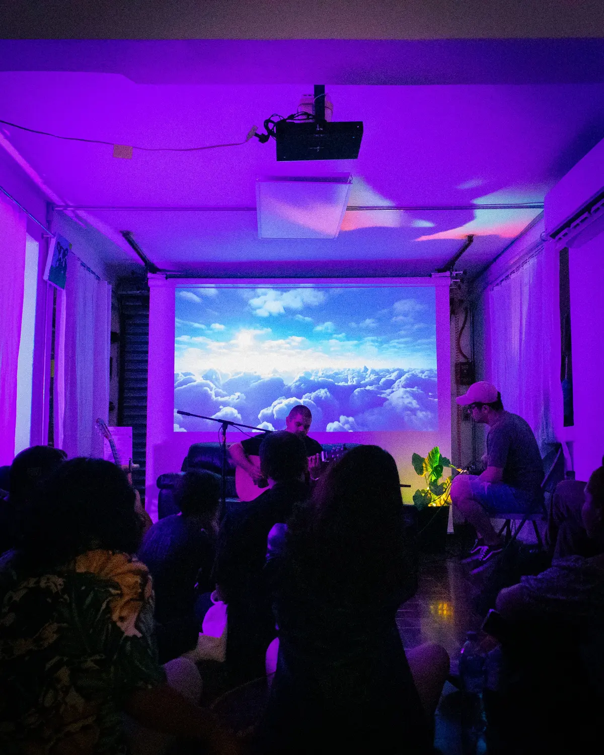 la sala en luz morada, el público frente a la proyección