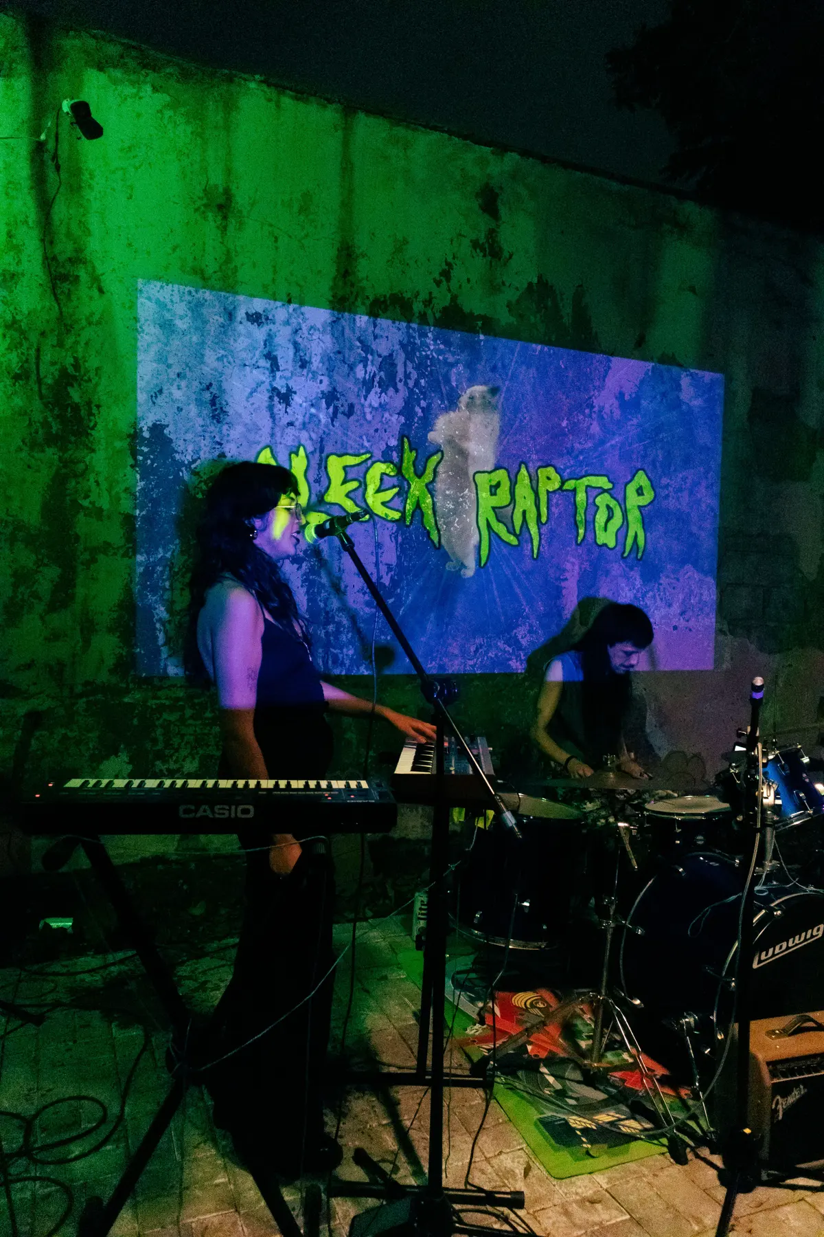 una tecladista frente a la proyección de aleck raptor